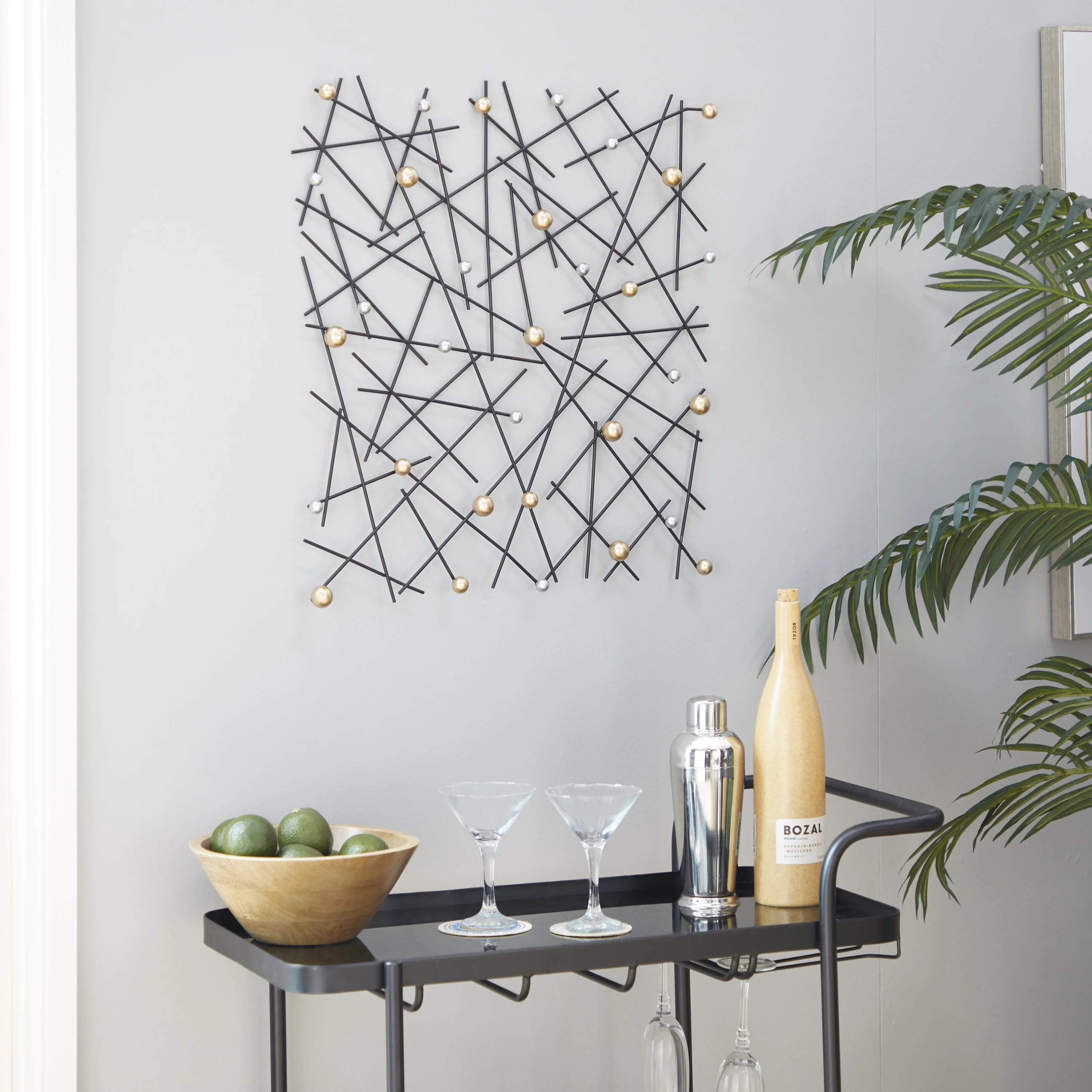 DecMode Black Metal Hanging Wall Art Décor with Silver and Bronze Beads for Contemporary or Modern Small Space, Bedroom, Living Room, Entryway, 24