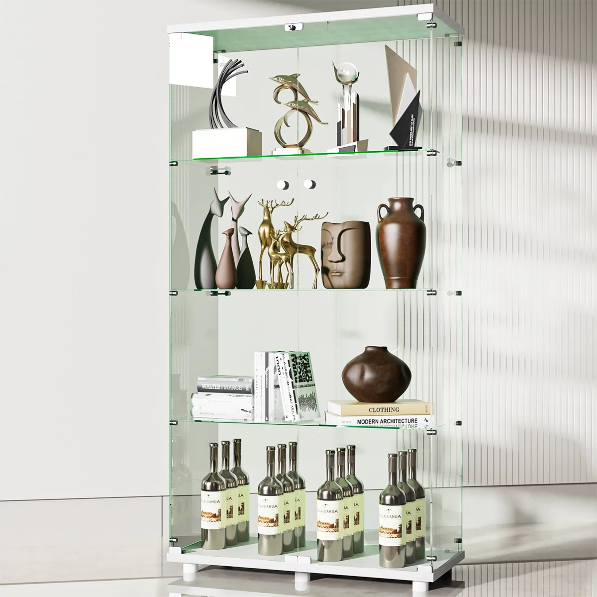 Two-door Glass Display Cabinet, Fast Installation in 50 Mins, Glass Curio Cabinets Bookshelf Display Case for Living Room Bedroom Kitchen, Trophy Case with Handles, Locks, Side by Side Door White