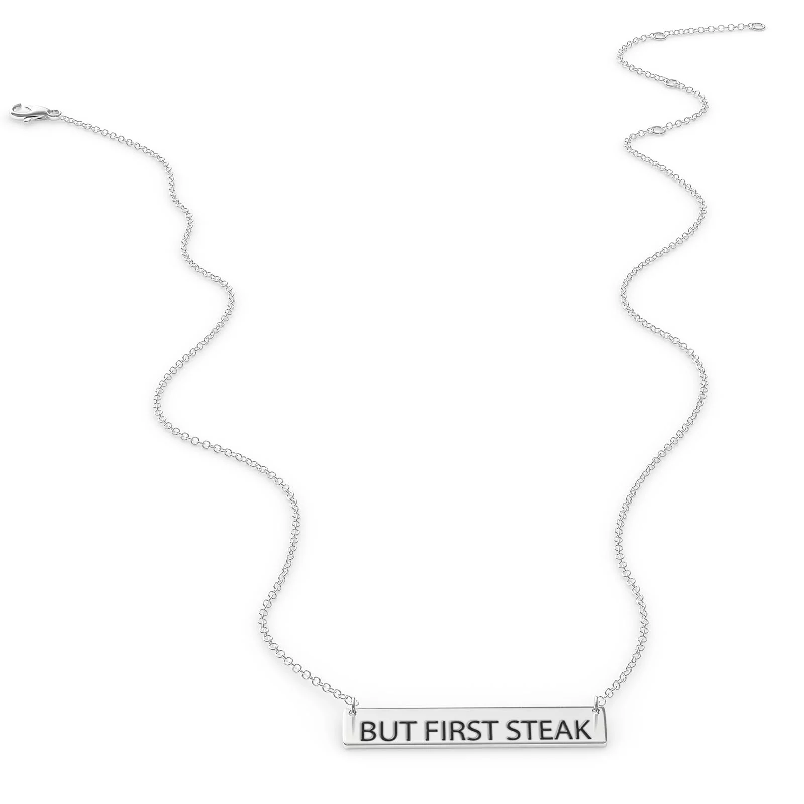 But First Steak Women's Bar Pendant Necklace Sterling Sliver