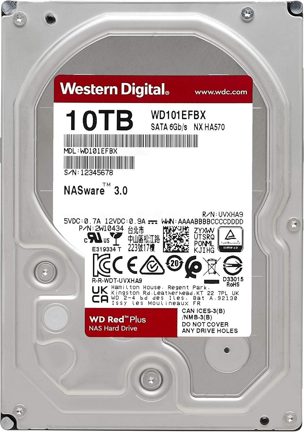 Western Digital 12TB WD Red Plus NAS Internal Hard Drive HDD - 7200 RPM, SATA 6 GB/s, CMR, 512 MB Cache, 3.5 - WD120EFBX