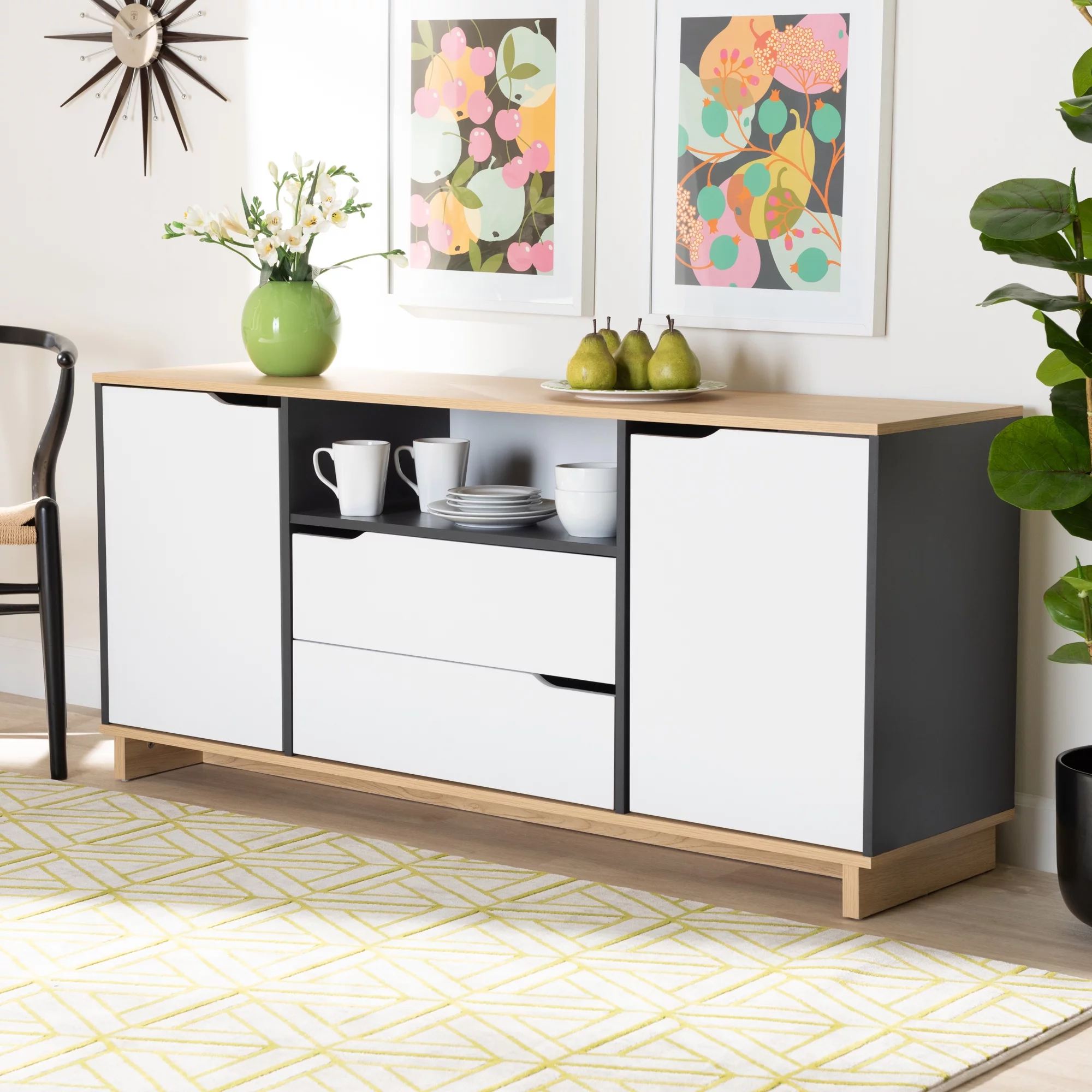 Baxton Studio Reed Mid-Century Modern Multicolor 2-Door Wood Dining Room Sideboard