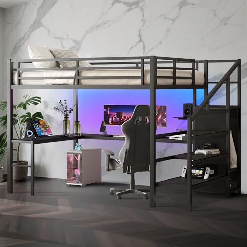 Full Size Metal Loft Bed Heavy-Duty Loft Bed Frame, LED Loft Bed Frame with L Shaped Desk, Wardrobe, Storage Stairs, Charging Station & Safety Guard for Kids Girls Boys, Space-Saving/Noise Reduced
