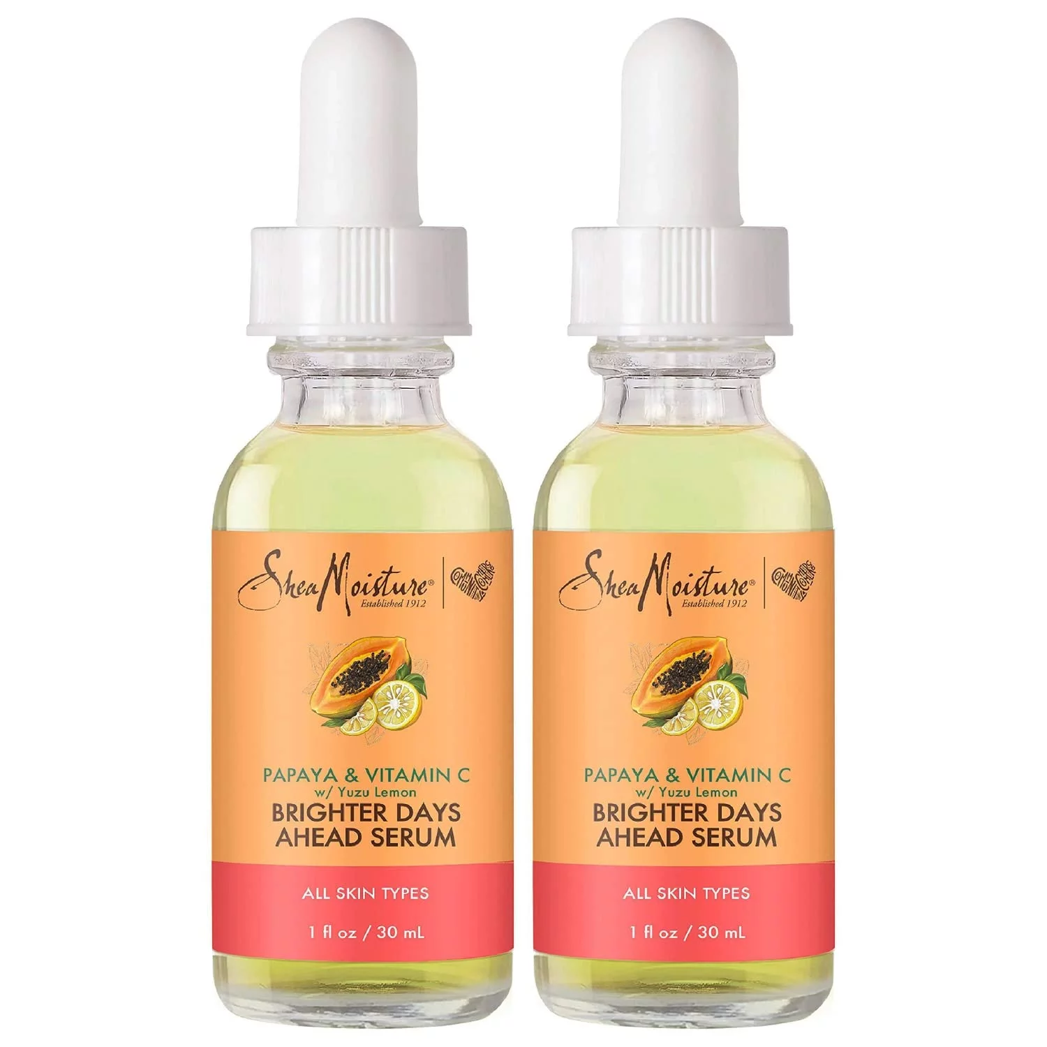 Shea Moisture Skin Care, Brighter Days Ahead Serum For All Skin Types, Even Skin Tone, Healthy Glow, Papaya And Vitamin C, Vitamin C Serum, Pack Of 2-1 Oz Ea