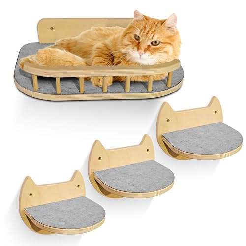 Cat Wall Shelves with 3 Steps – Modern Mounted Cat Wall Furniture & Shelf, Premium Hardwood Cat Bed for Climbing, Sleeping & Lounging, Indoor Hammock for Large Cats