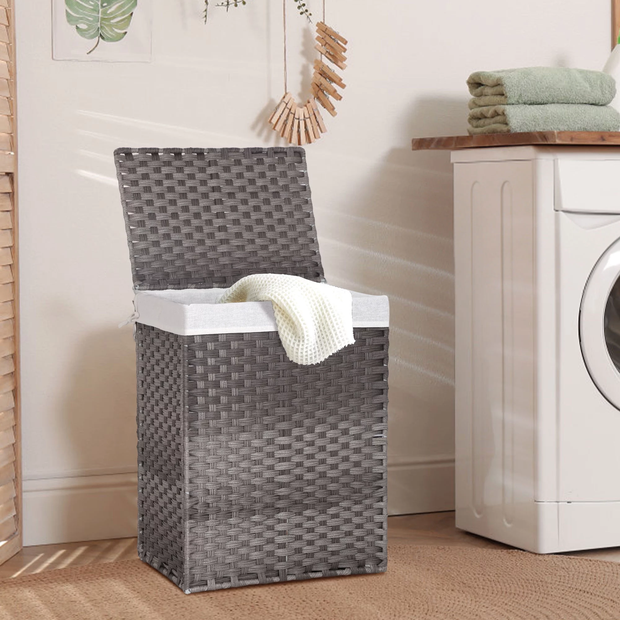 CL.HPAHKL Divided Laundry Hamper 90L/110L Synthetic Rattan Handwoven Double Sorter with Liner Bags Dirt Resistant Foldable，Grey