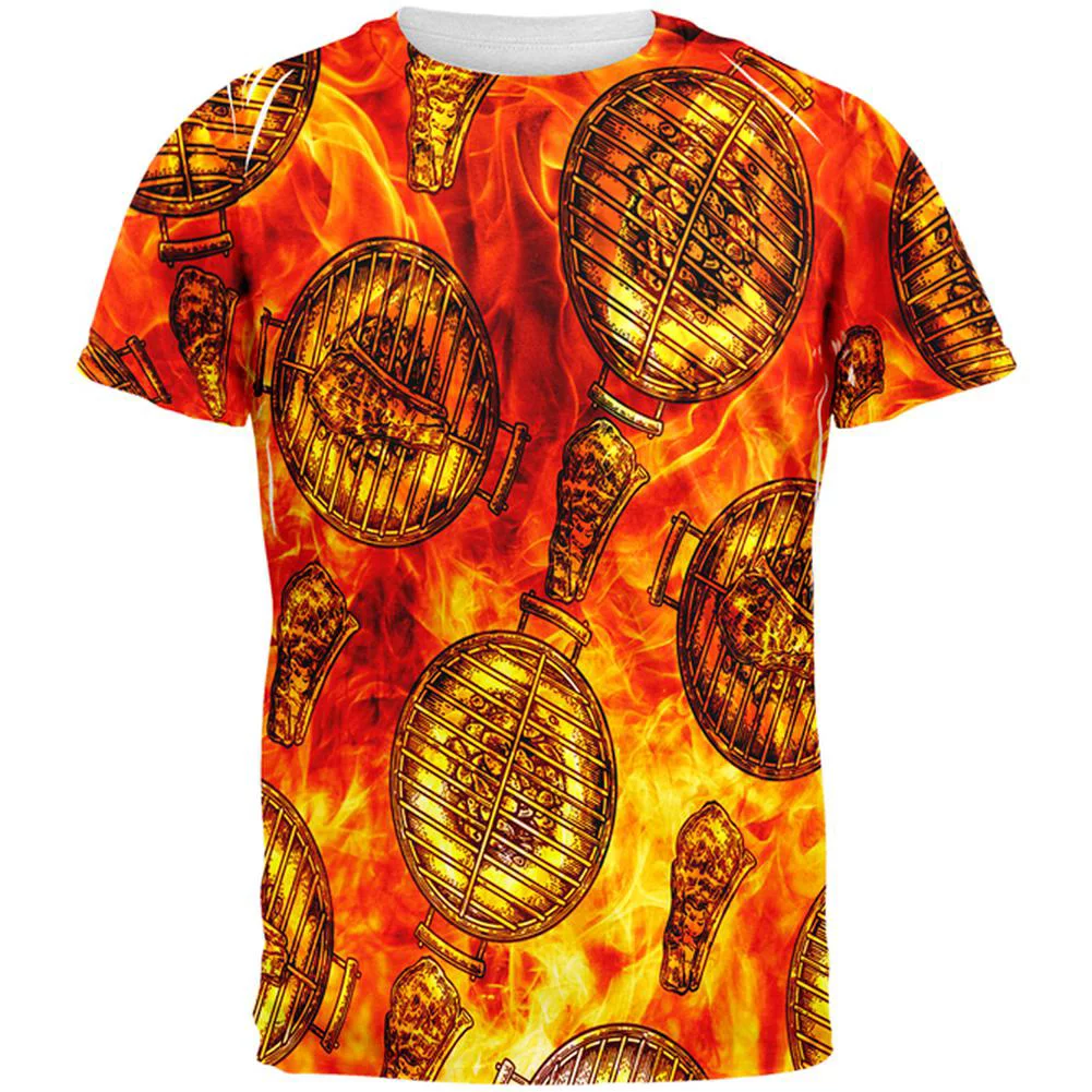 Flaming Hot Charcoal Grilled Steak Pattern All Over Mens T Shirt Multi SM