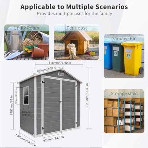 6x4 FT Outdoor Storage Resin Shed with Floor,Waterproof Plastic Garden Bike Shed with Lockable Door, Sloped Roof, Vents & Windows, Easy Assembly Tool Shed for Lawn, Backyard, Patio, Grey