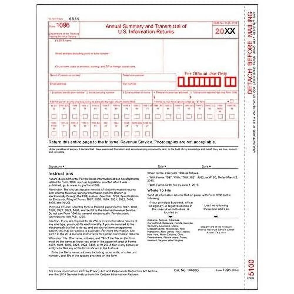 IRS Approved 1096 Laser Transmittal/Summary Tax Form (1 Pack)