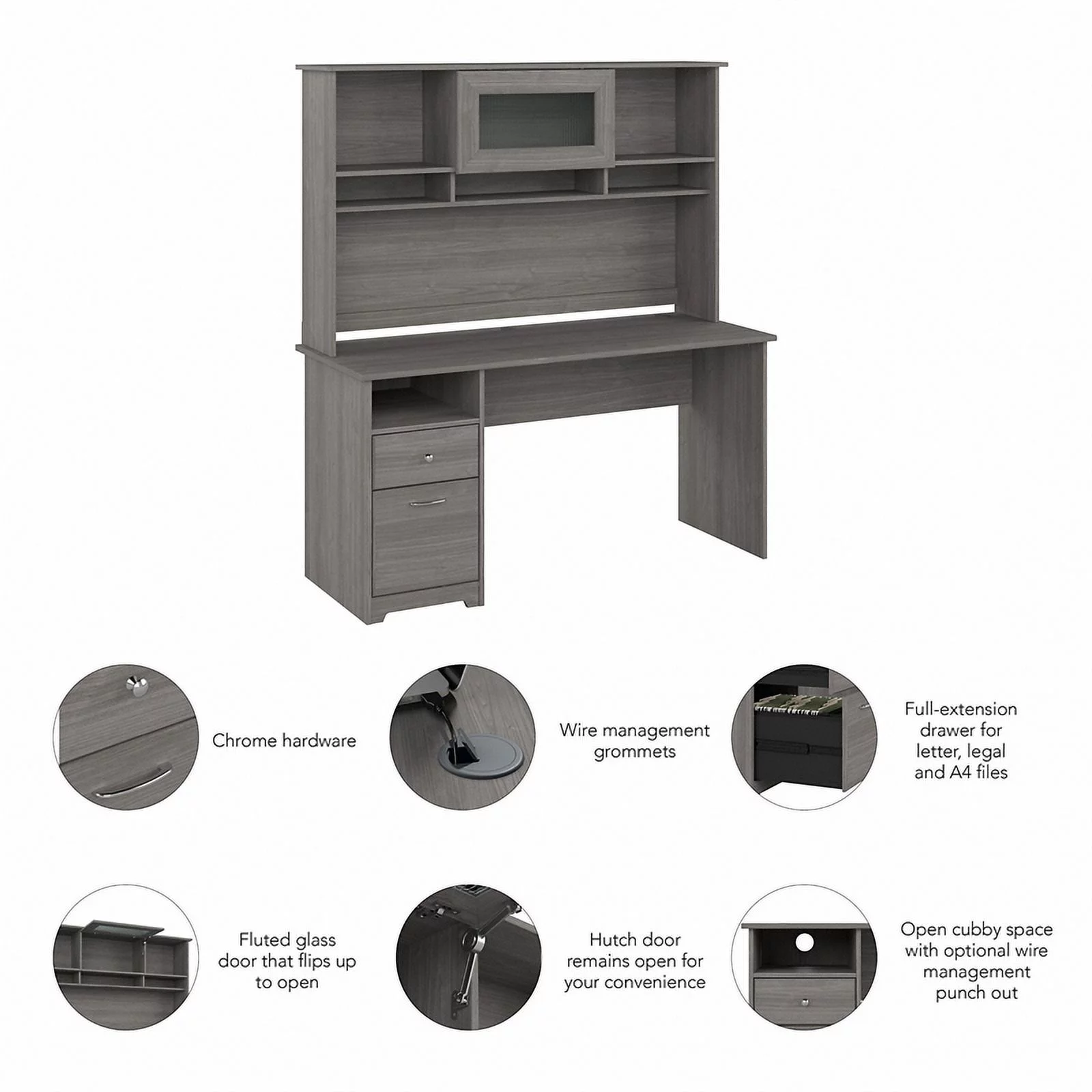 UrbanPro 60W Computer Desk with Hutch in Modern Gray - Engineered Wood