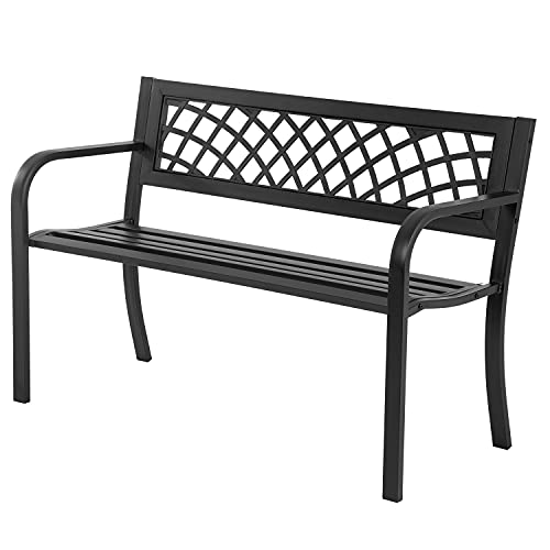 Garden Bench,Outdoor Benches,Iron Steel Frame Patio Bench with Mesh Pattern and Plastic Backrest Armrests for Lawn Yard Porch Work Entryway,Black