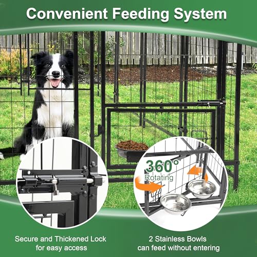 8x4x6 FT Outdoor Dog Kennels for Large Dogs, Heavy Duty Welded Wire Steel Outside Dog Kennel with Roof, Dog Pens with 2 Rotating Dog Bowls, Dog Playpen Fence with Secure Lock for Backyard