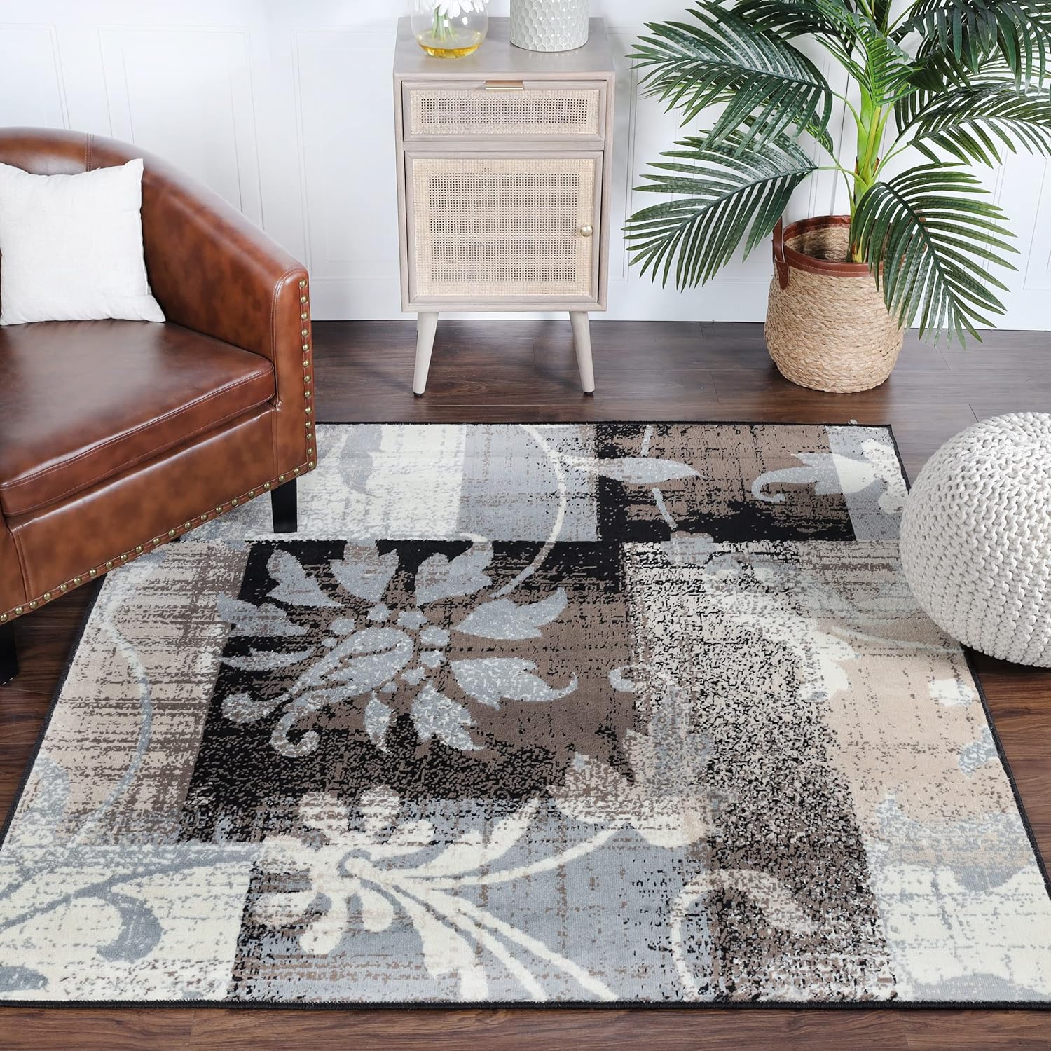 BNM Indoor Large Area Rug with Jute Backing, Floral Geometric Decor for Living Room, Kitchen, Bedroom, Office, Entryway, Hallway, Hardwood Floors, Pastiche Collection, 5' x 5', Beige