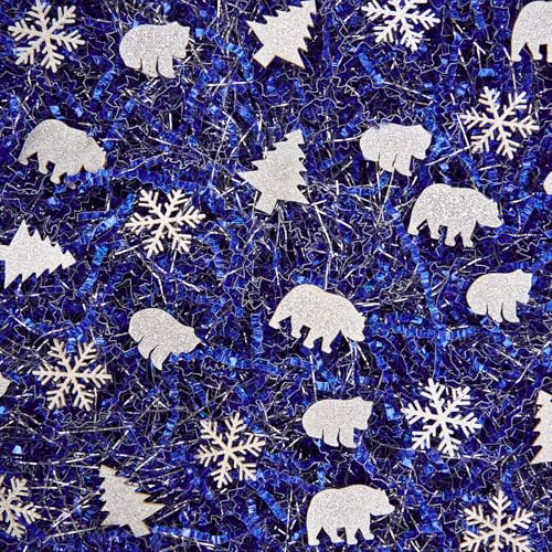 PAPER FAIR 1LB Metallic Red Green Christmas Crinkle Cut Paper Shred Filler w/Tree & Snowflake Confetti, Gift Wrap Packaging Raffia Tissue Strand, Craft Bedding Cushion, Winter Birthday Box Basket