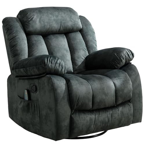 INZOY Massage Swivel Rocker Recliner with Heat and Vibration, Manual Rocking Recliner Chair with Vibrating Massage, Comfy Padded Overstuffed Soft Fabric Heated Recliner, Brown