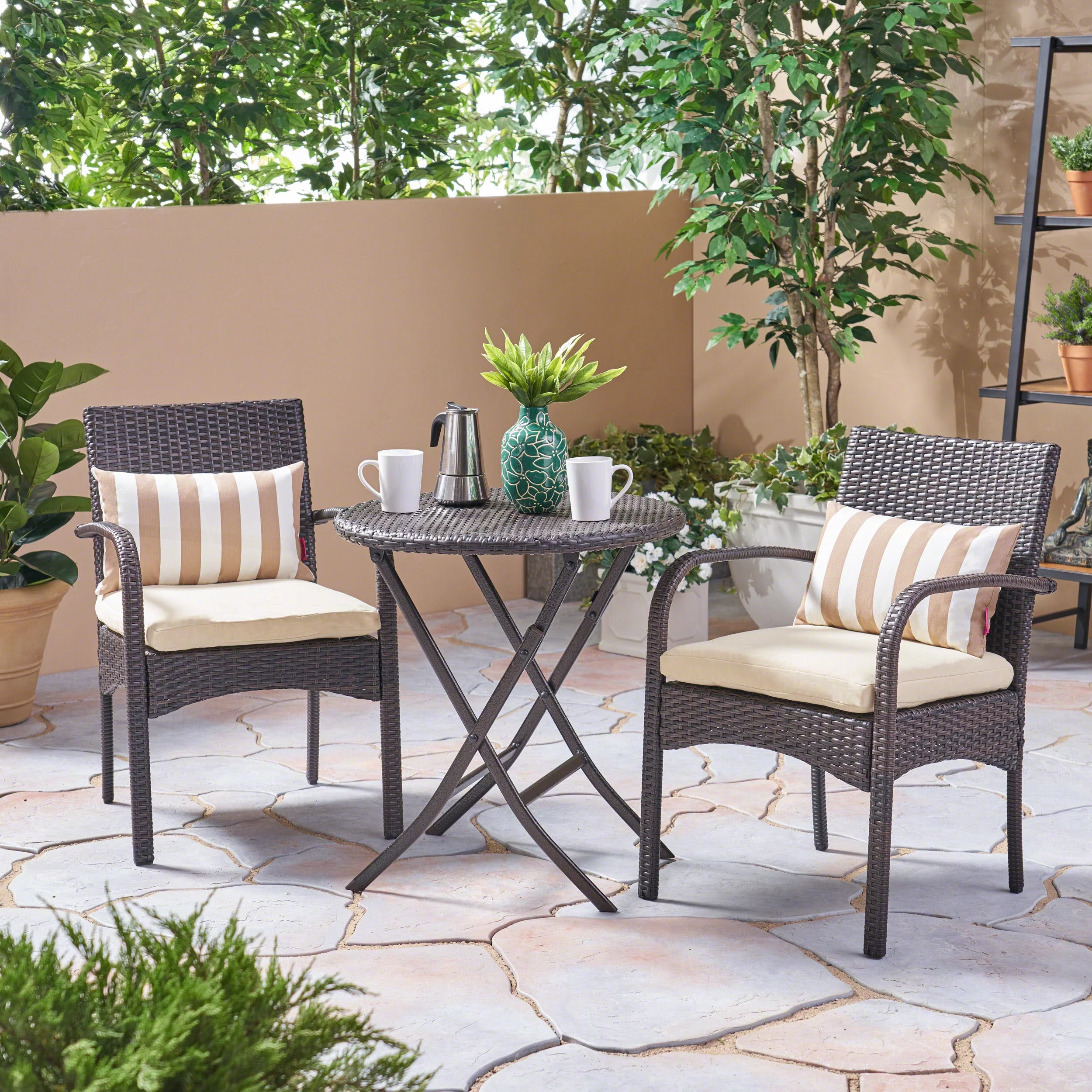 Noble House Hayden 3-Piece Outdoor Wicker/Fabric Bistro Set in Multibrown/Cream