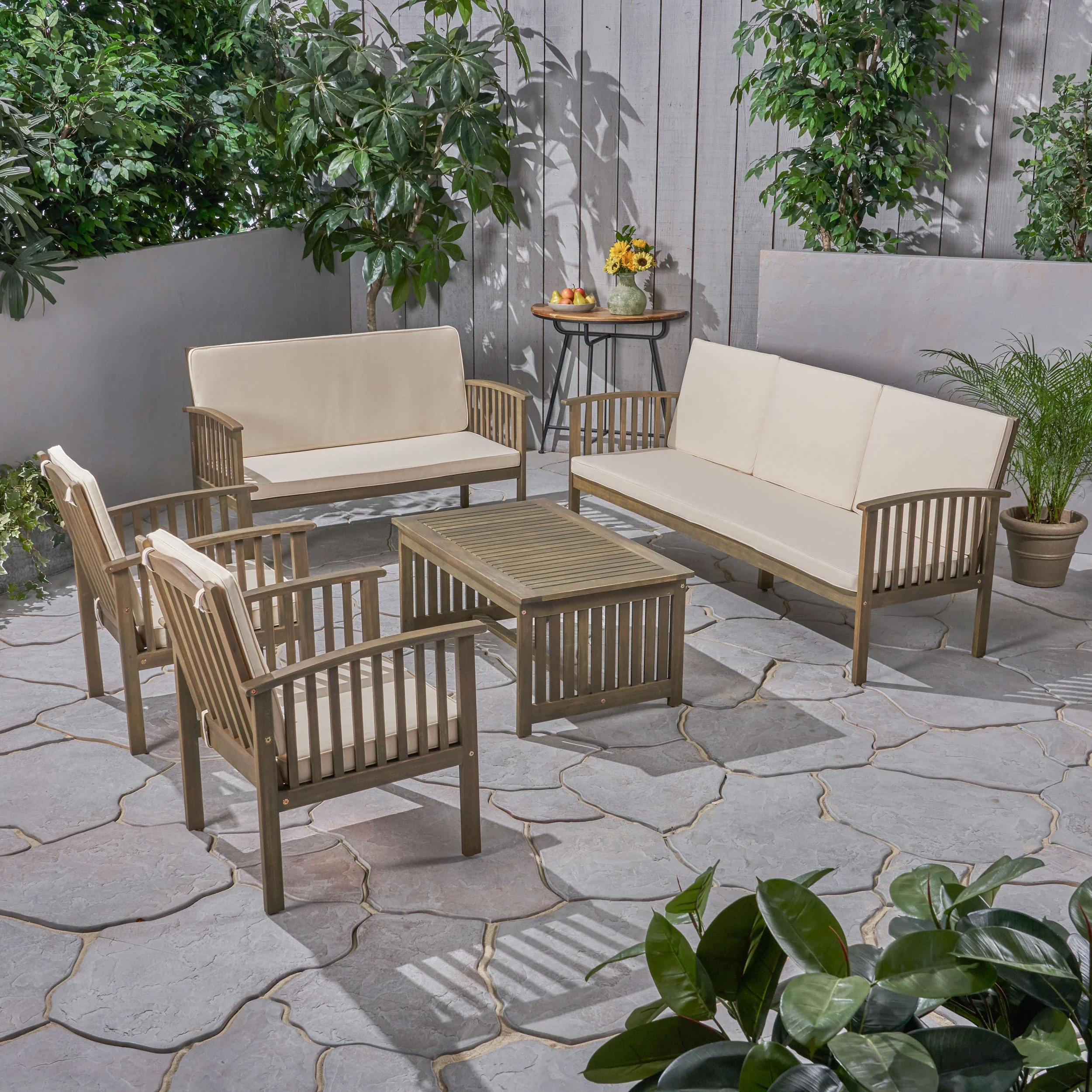 Noble House Carolina 5 Piece Outdoor Acacia Wood Conversation Set in Gray