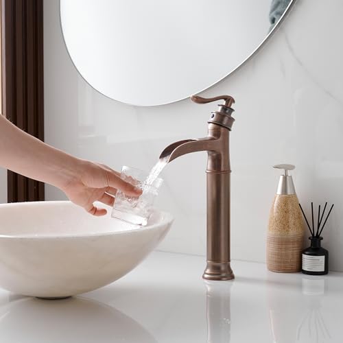 BWE Vessel Sink Faucet Waterfall Matte Black with Pop Up Drain Without Overflow and Supply Lines, Black Sink Faucet Bathroom One Handle Faucets Vanity Bath Mixer Tap