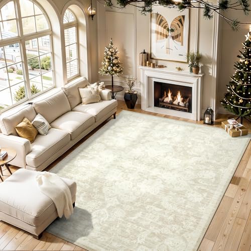 Area Rug 9x12 Living Room Rug, Soft Vintage Washable Rug with Anti-Skid Backing Stain Resistant Thin Indoor Carpet Large Area Rug for Bedroom Under Dining Room Table Nursery-Light Beige