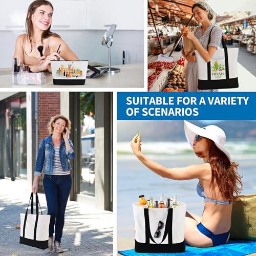 16 Pack Canvas Tote Bags Bulk and Makeup Pouches Set, 12oz Cotton Reusable Zippered Grocery Bags with Handles, DIY Sublimation, Halloween Craft, Beach & Travel with External Pocket (Women & Men)