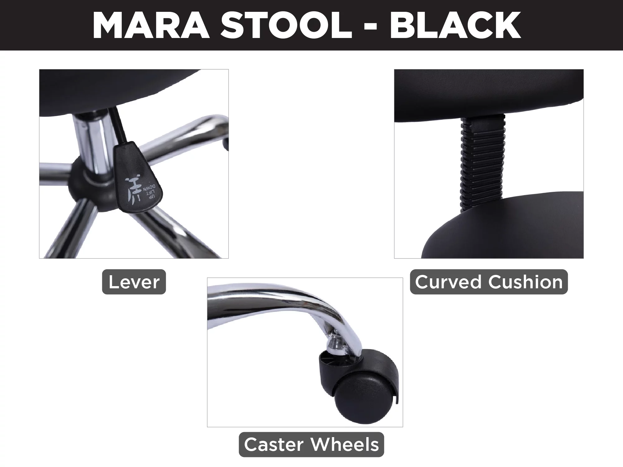 Mara Adjustable Height Drafting Stool with Wheels and Backrest, Space-Saving Faux Leather Rolling Stool Black
