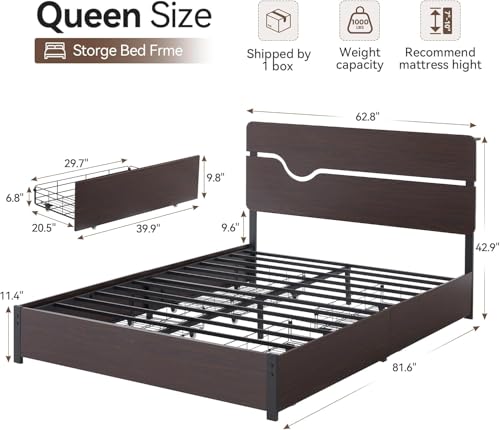Queen Size Bed Frame with 4 Storage Drawers, Platform Bed Frame with Storage Headboard & Charging Station, Heavy Duty Metal Slats/Noiseless/No Box Spring Needed/Easy Assembly, Walnut Color