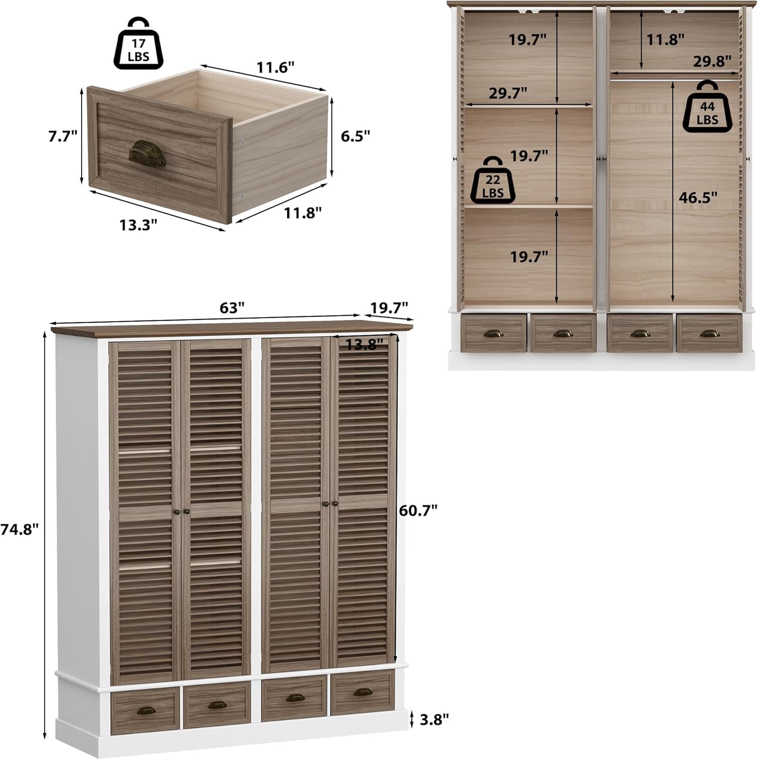 ECACAD 4 Doors Wardrobe Armoire with Louver Doors, Storage Shelves, 4 Drawers & Hanging Rod, Wooden Closet Storage Cabinet for Bedroom, Brown & White (63”W x 19.7”D x 74.8”H)