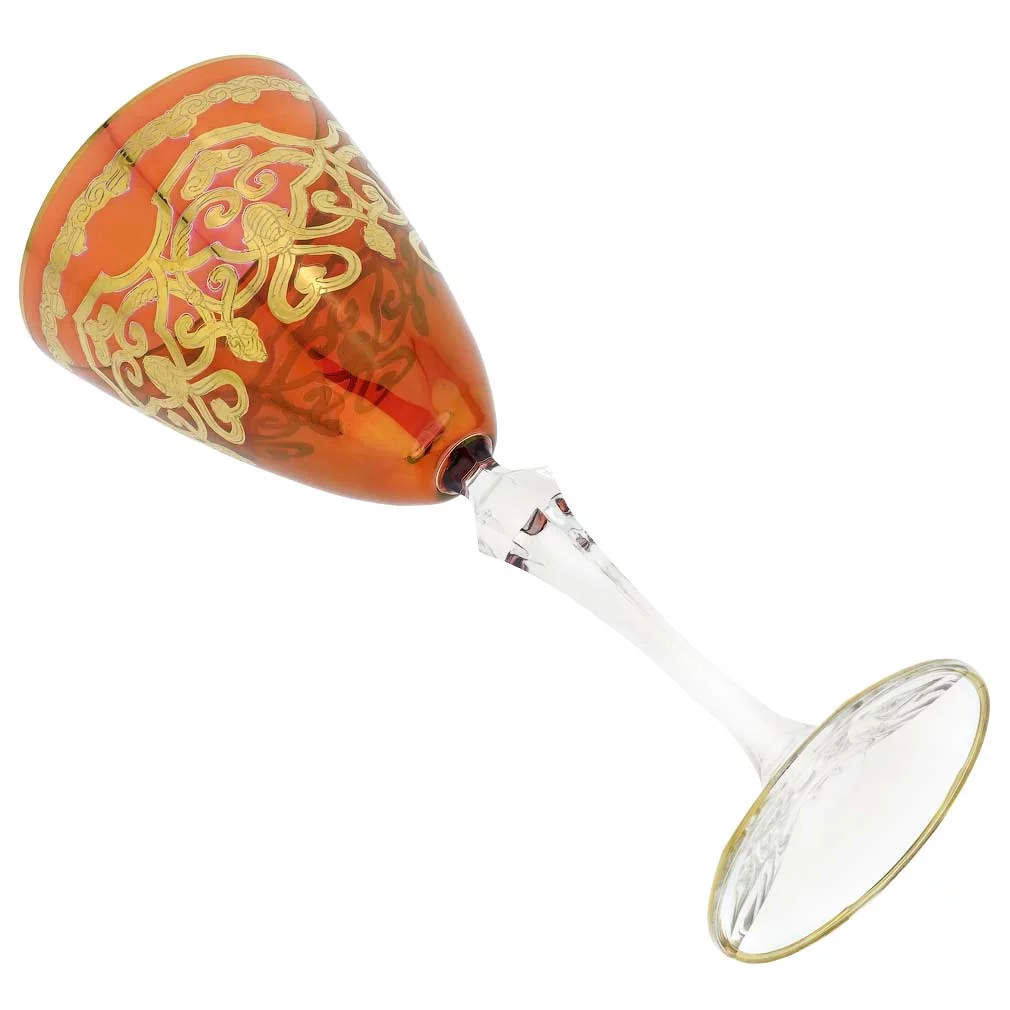 GlassOfVenice Set of Two Murano Glass Wine Glasses 24K Gold Leaf - Red