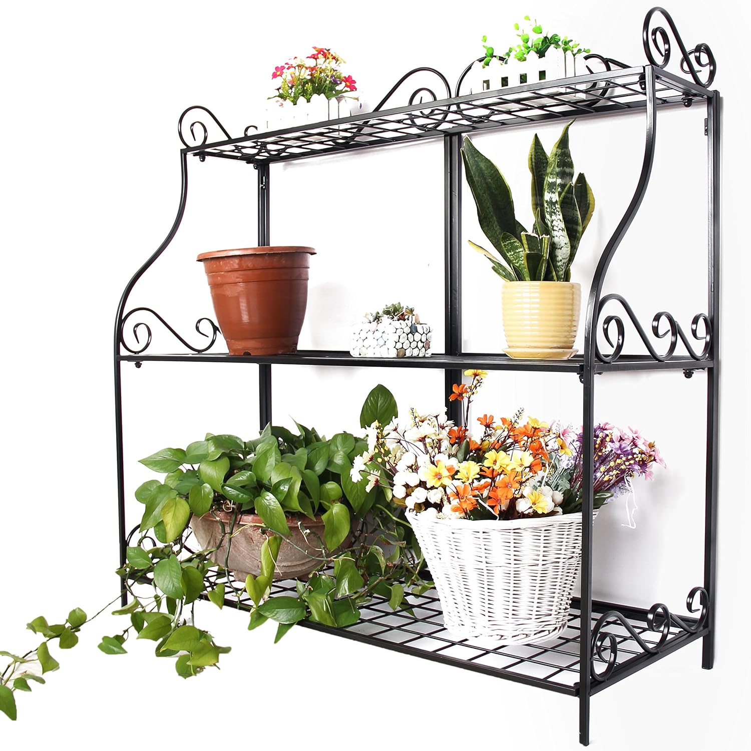 VERGOODR Large Flower Stand Plant Display Freestanding Metal Scrollwork Design Foldable 3-Tier Big Storage rack Home Organizer Display Rack Book Shelf