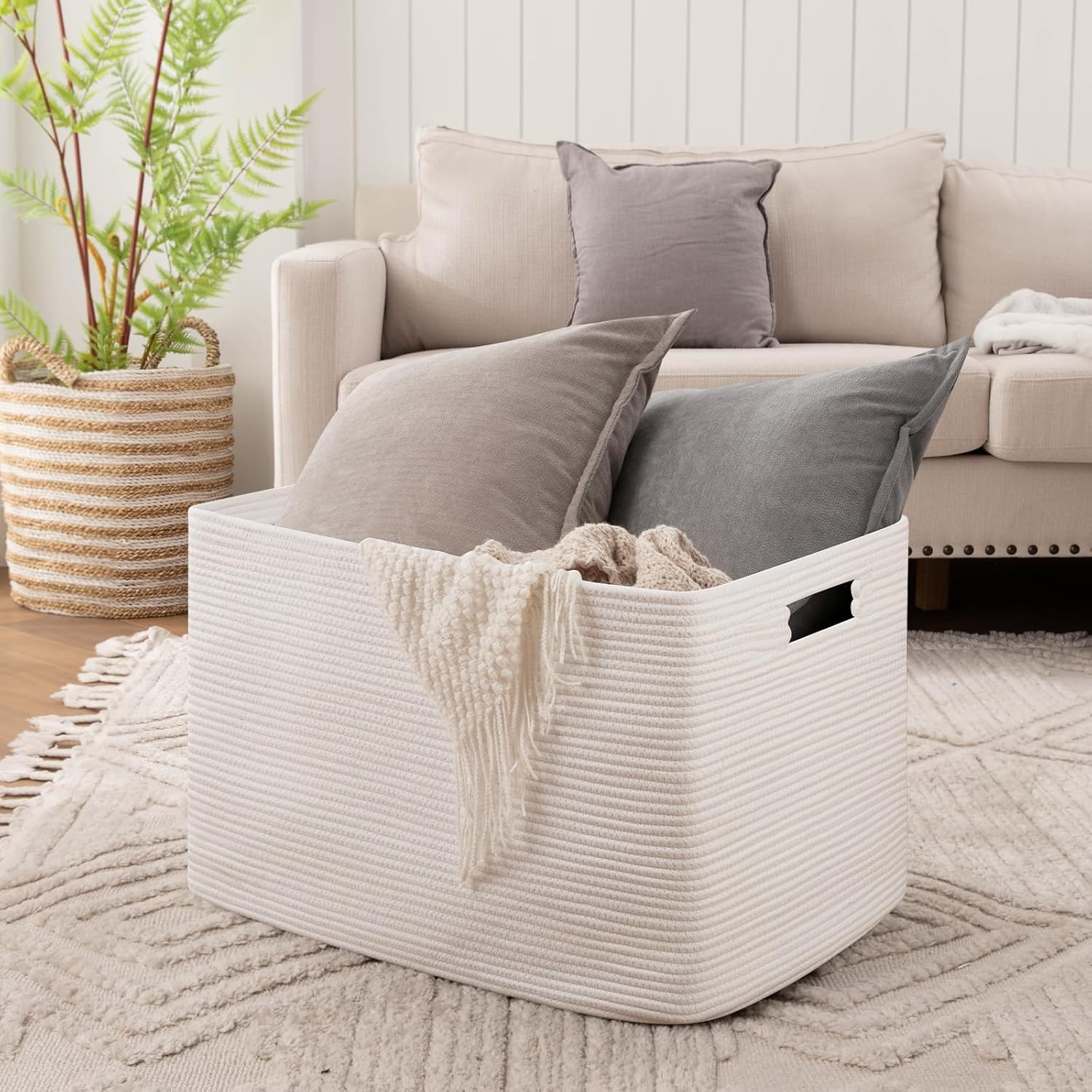 118L XXXLarge Cotton Rope Storage Basket, Oversized Blanket Basket, Used for Organizing Dirty Clothes in Living Room, Bedroom, Nursery, Dog Toy Storage Bins, 25" x 17" x 16",White
