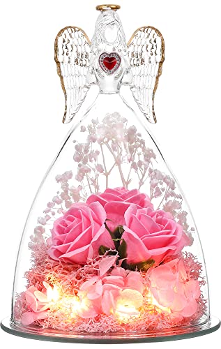 Birthday Gifts for Women Grandma Mom Girlfriend,Preserved Flower Unique Three Real Roses in Glass Angel Figurines, Angels Gifts for Her on Christmas,Valentines Day,Mothers Day.Pink
