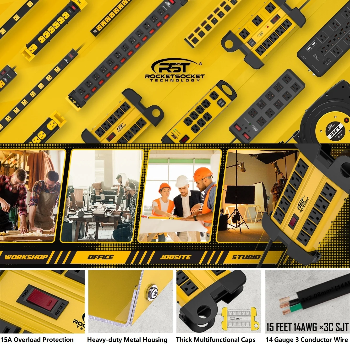 CRST Metal Power Strip Heavy Duty Surge Protector 10 Outlets 6 Feet Extension Cord 2800J Surge Suppressor, Mountable and Hanging, 1875W