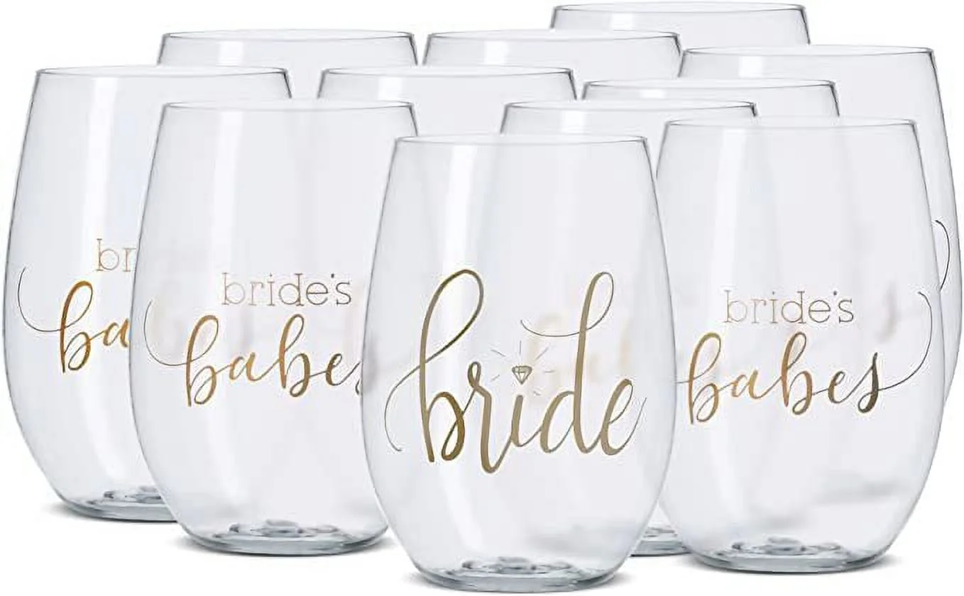 Samantha Margaret - Bride & Bride's Babes Stemless 16oz. Plastic Wine Glasses - Set of 11