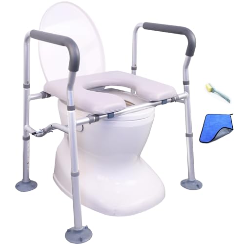 Raised Toilet Seat with Handles up to 450lbs, Wide Padded Elevated Toilet Seat for Seniors Handicap, Elongated Stand Alone Toilet Safety Chair with Suction Foot Pad & Splints