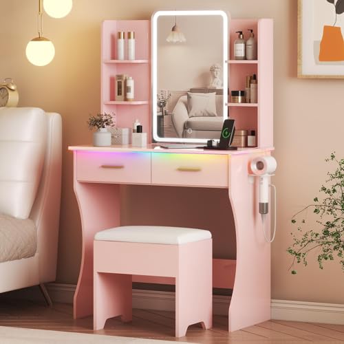 Vanity Desk with LED Lights Mirror & Power Outlet, Small Makeup Vanity Table Set with Storage Drawers & Chair, 3 Lighting Modes & Adjustable Brightness, Dressing Table for Women Girls Bedroom, White