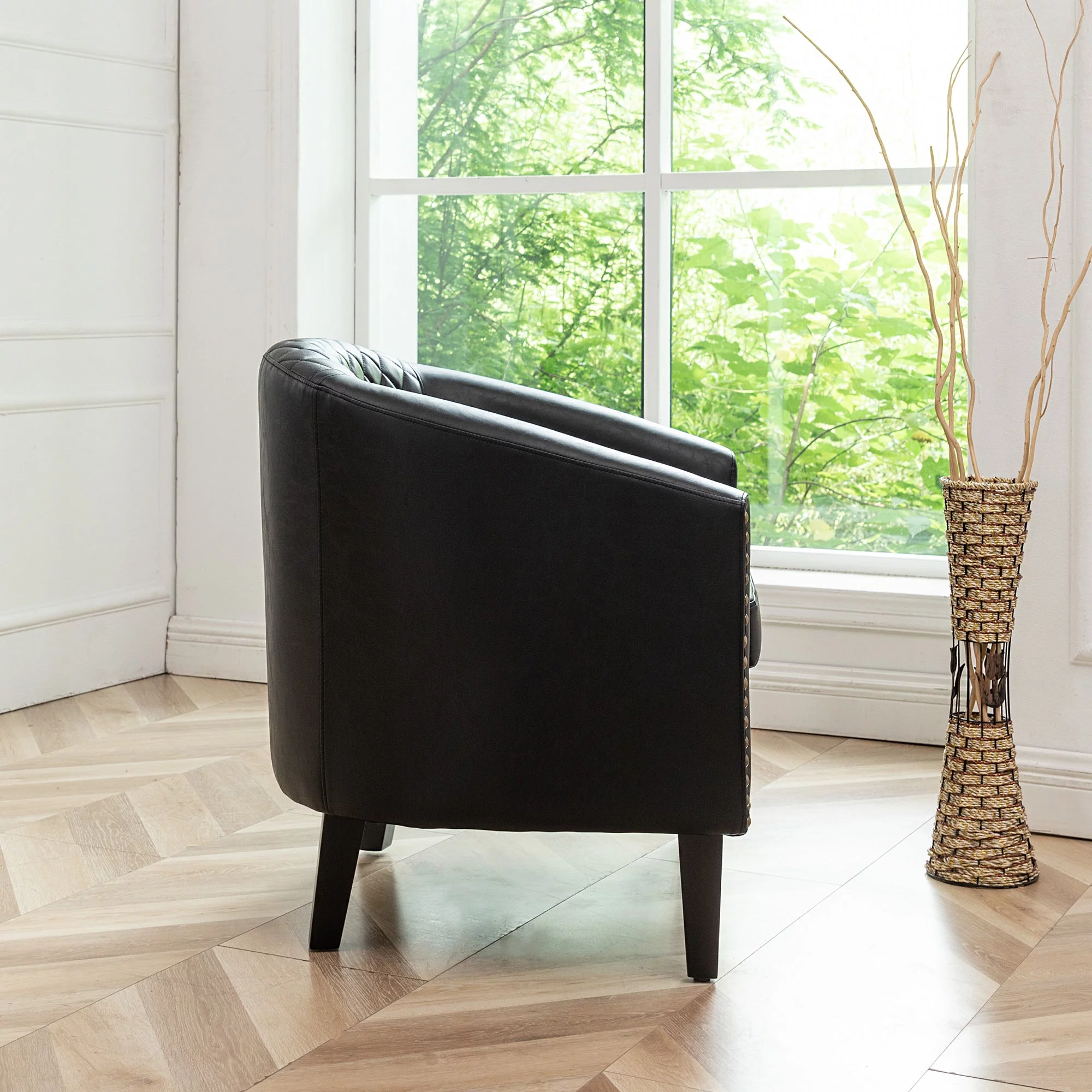 KINWELL Mid Century Modern Tufted Faux Leather Barrel Armchair Club Accent Nailhead Chair