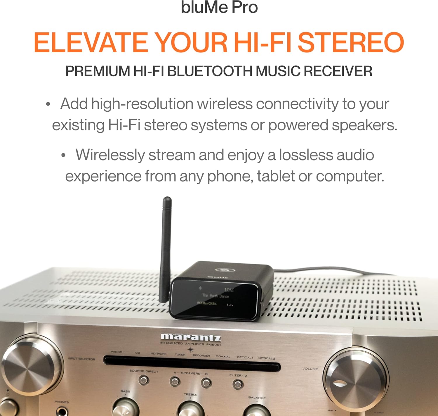 Auris Blume Pro HiFi Bluetooth 5.0 Music Receiver Long Range Bluetooth Adapter with Audiophile DAC, LDAC, aptX HD, OLED Display & Optical Coaxial AUX Output for Home Stereo, AV Receiver or Amplifier