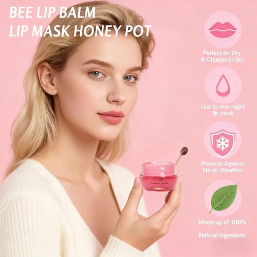 4 PCS Bee Lip Balm Lip Mask Honey Pot, Honey & Strawberry & Watermelon & Apple Lime Lip Sleeping Mask Propolis Moisturizing Lip Balm with Stick, Hydrating Prevention Dry & Cracked