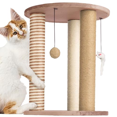 Cat Scratching Post - 3 Scratcher Posts with Carpeted Base Play Area and Perch - Furniture Scratching Deterrent for Indoor Cats by PETMAKER (Brown), Large