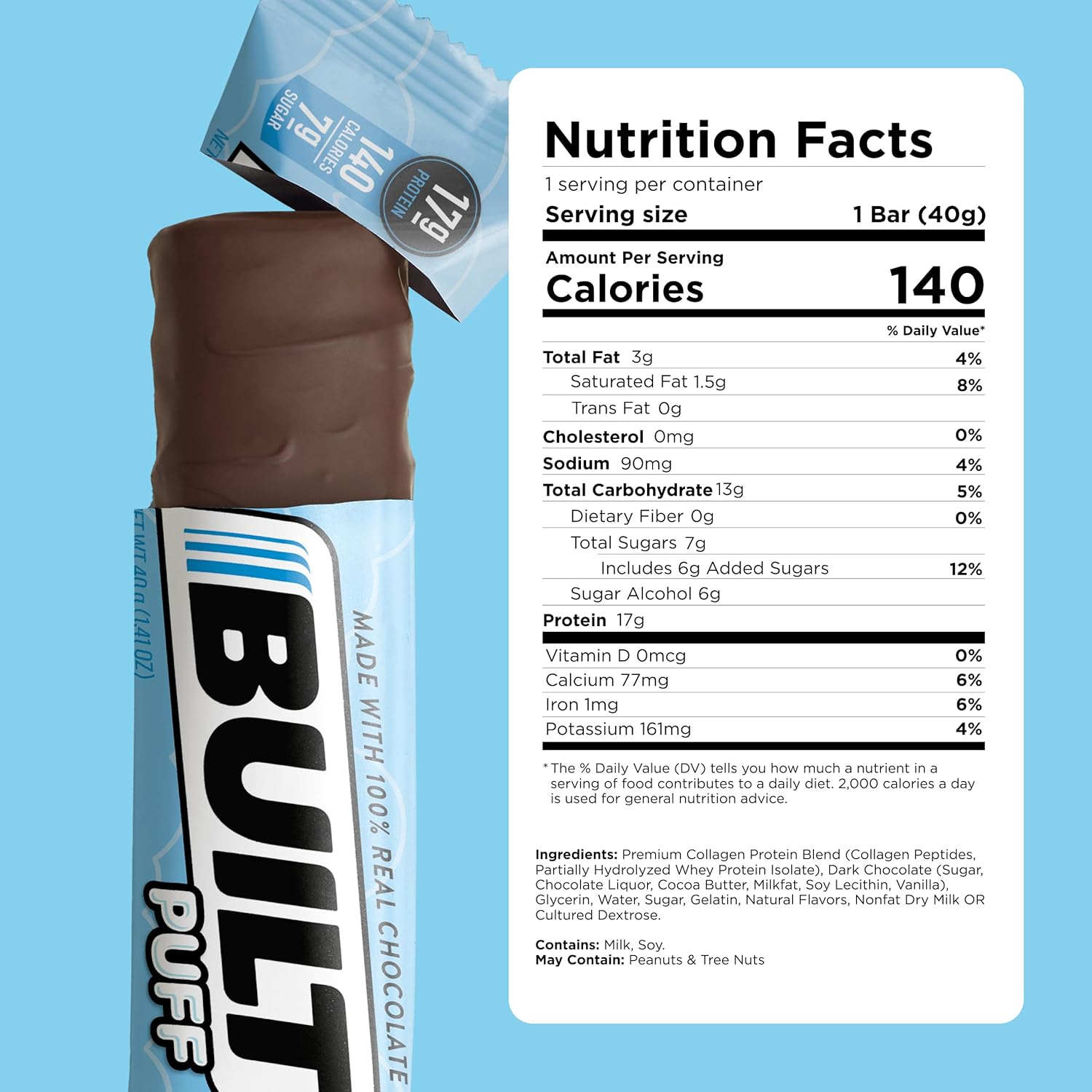 Built Protein Bars, Coconut Marshmallow Puff, 12 count, Protein Snacks with 17g of Protein, Collagen, Gluten Free, Chocolate Protein Bar, 140 calories & 6g sugar, Perfect On The Go Protein Snack