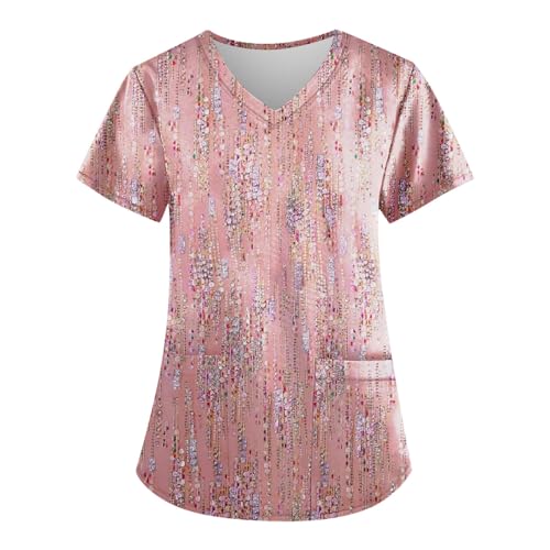 Womens Scrubs Floral Printed Short Sleeve Blouses V Neck Working T-Shirts Easy Care Scrubs Tops with Pocket