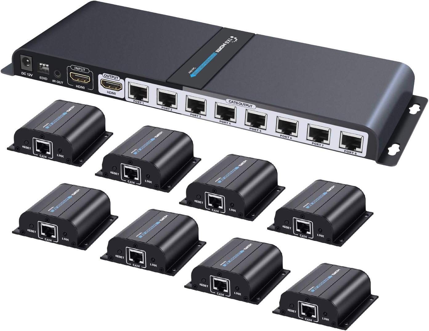 TNP HDMI Extender Splitter over Ethernet Cat6/Cat7 Cable w/ IR Remote Control Extension Support - Extend Long Distance HDMI Singal Distribution Kit Relay Hub Amplifier (8 Port - 1 Input 8 Outputs)