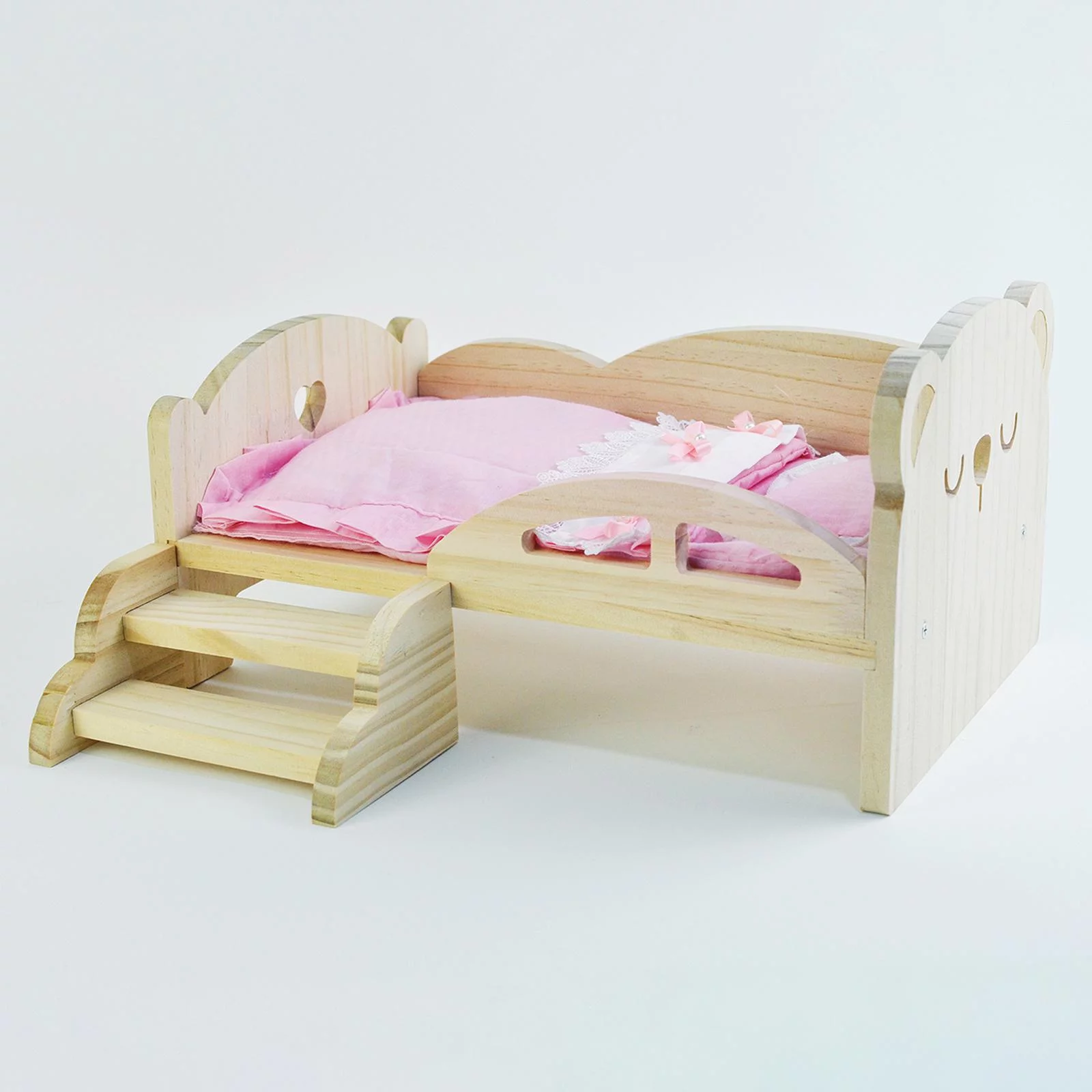 Doll Miniature Bed, Dollhouse Fashion Modern Wooden Bed Furniture with Stairs 1/6 Fashion Doll Accessories Bear Sleeping