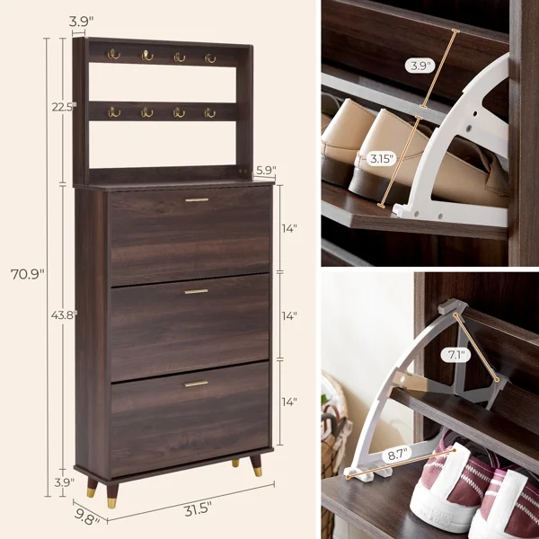 SYTHERS Hall Tree, Entryway Armoire Closet Coat Rack Freestanding with 12 Hooks & 3 Shoe Cabinets, Brown