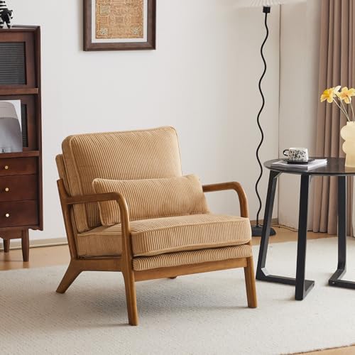 Karl home Mid-Century Modern Accent Chair, Living Room Chairs with Pillow Corduroy Upholstered Lounge Armchair with Solid Wood Frame & Soft Cushion for Bedroom, Reading Room, Khaki
