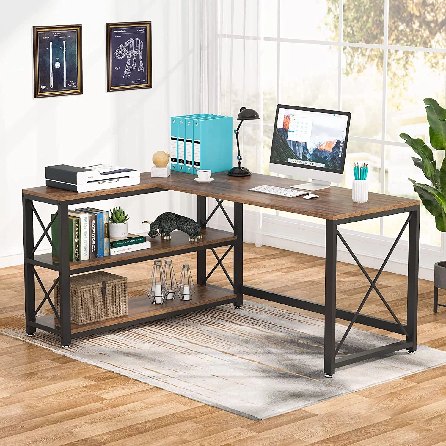 Tribesigns Reversible Industrial L-Shaped Desk with Storage Shelves, Corner Computer Desk PC Laptop Study Table Workstation for Home Office Small Space (Brown, 59