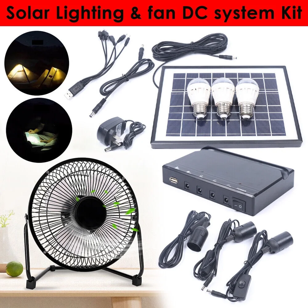 MIDUO Solar Power Energy Lighting System Kit Set W/ 3 LED Lights 1*Fan 1 Solar Panel