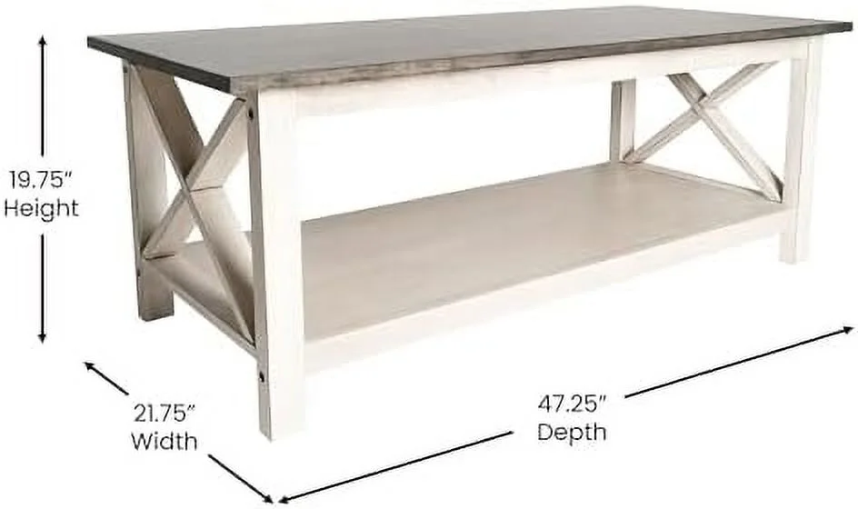 KHBIULIFE Farmhouse Style Solid Wood Coffee Table with Traditional X-Frame Design and Lower  in Acacia Gray and Rustic White