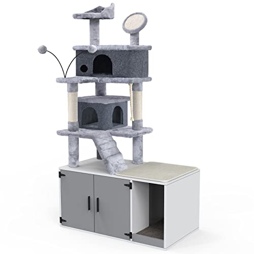 GDLF Cat Litter Box Enclosure,All-in-One Large Cat Tree with Washroom and Sisal Scratching Post & Pad 65”