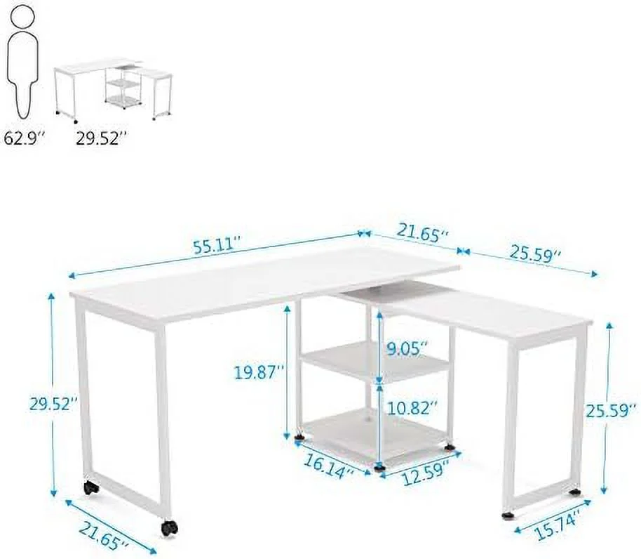 KHBIULIFE ° Free Rotating L-Shaped Desk  55 inch Large Reversible Corner Office Computer Desk Modern Study Writing Table Computer Workstation with  Shelves for Home Office (White)