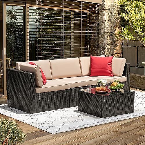 Devoko Patio Furniture Sets 6 Pieces Outdoor Sectional Rattan Sofa Manual Weaving Wicker Patio Conversation Set with Glass Table and Cushion (Beige)